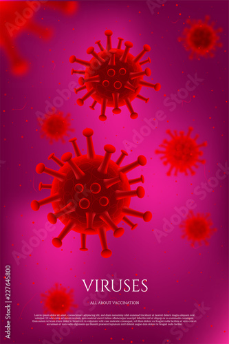 Viruses on violet background. Vector horizontal medicine template background.