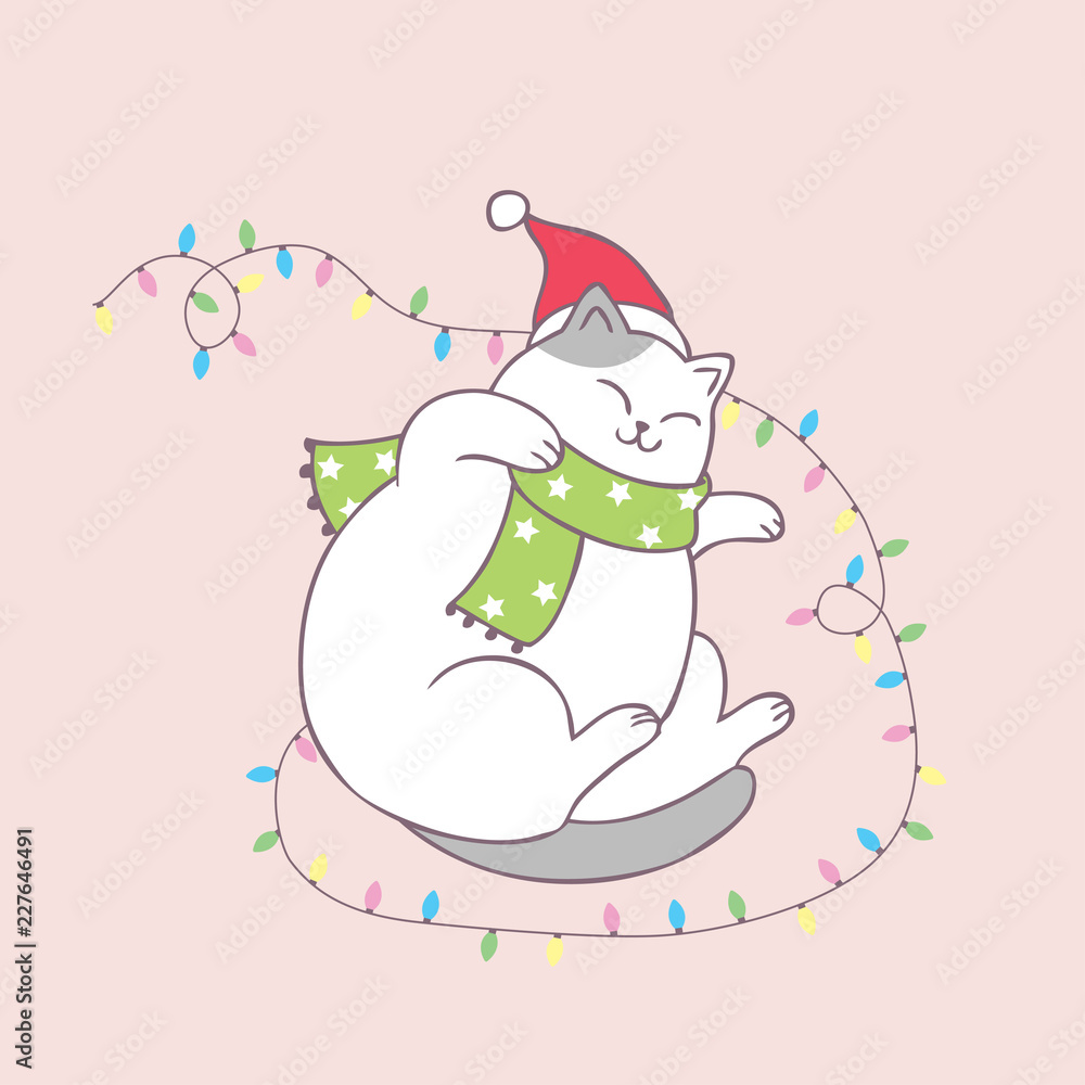 Cartoon cute Christmas cat sleeping vector. Cartoon cute Christmas cat sleeping vector.
