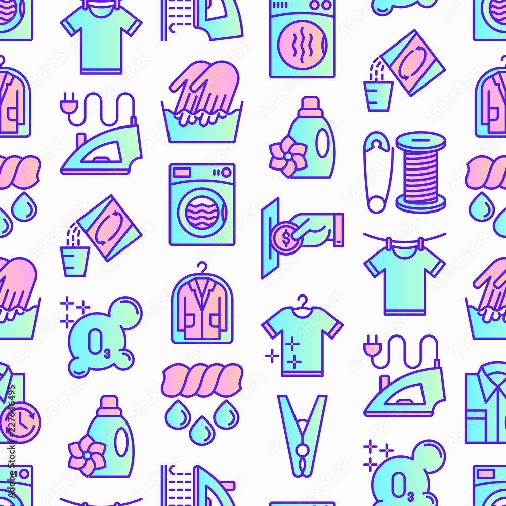 Laundry service seamless pattern with thin line icons: washing machine, spin cycle, drying machine, fabric softener, iron, handwash, washing powder, steaming, ozonation. Modern vector illustration. Laundry service seamless pattern with thin line icons: washing machine, spin cycle, drying machine, fabric softener, iron, handwash, washing powder, steaming, ozonation. Modern vector illustration.