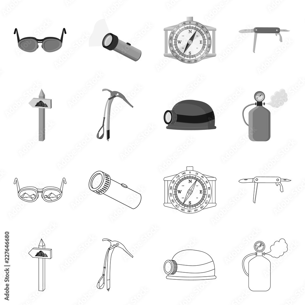 Vector design of mountaineering and peak icon. Set of mountaineering and camp stock symbol for web. Vector design of mountaineering and peak icon. Set of mountaineering and camp stock symbol for web.