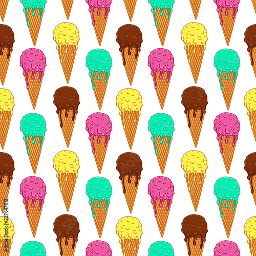 Colorful ice cream cones vector seamless pattern.  