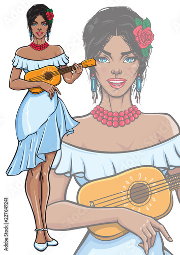 Singing lady playing ukulele guitar. Beautiful smiling female in fashionable summer white dress with rose in her hair. Vector illustration in pop art, comic, pin up style. Isolated mascot poster.