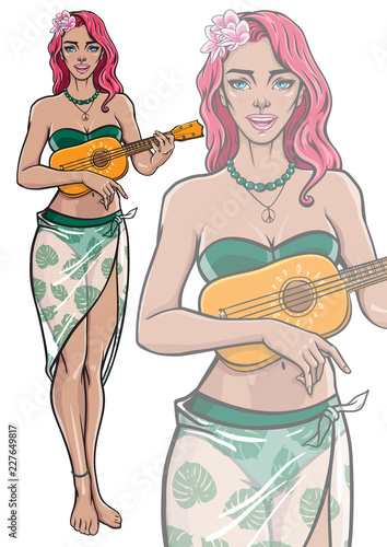 Singing hippie girl playing ukulele guitar. Beautiful smiling female in bikini and peace necklace enjoying summer vacation. Vector illustration in pop art, comic, pin up style. Isolated mascot poster.