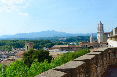 Beautiful top view of historic center of Girona, Spain