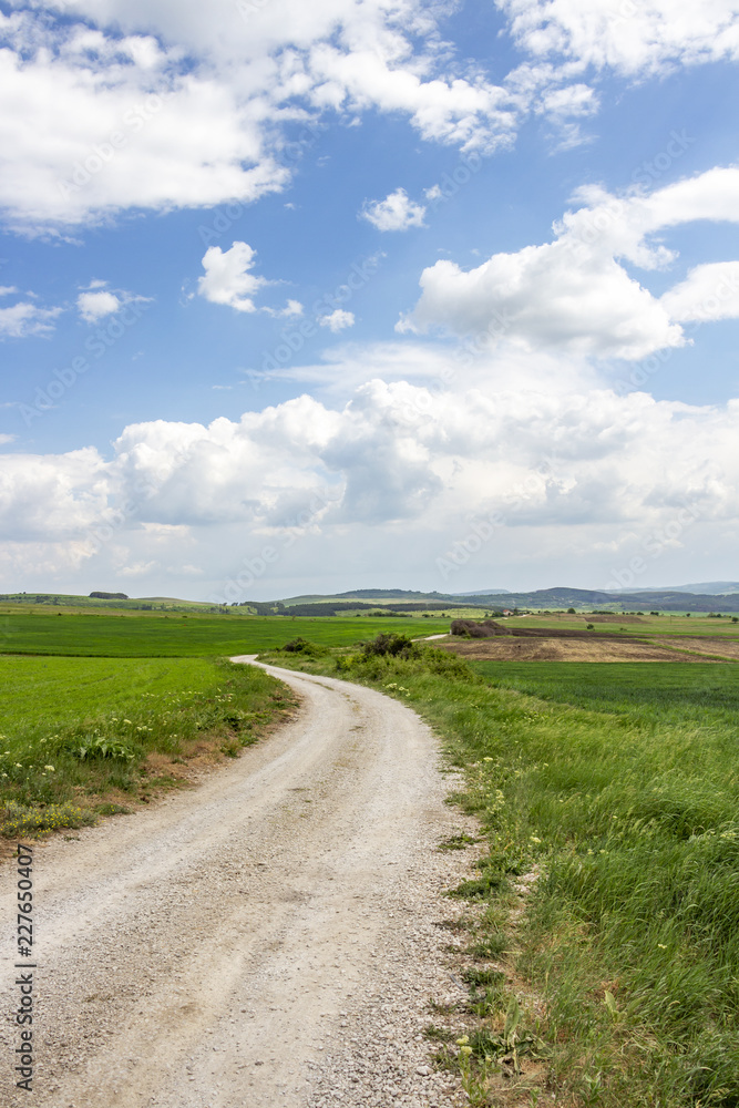 Empty Bulgarian country dirt road winding between green May fields under beautiful cloudy sky at the village of Chukovezer