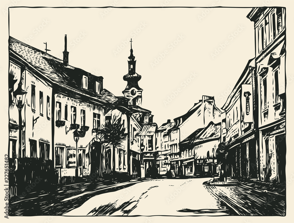 The street of the European old city. Hand Drawn Decorative Design Element In Engraving Style. Vector Illustration.