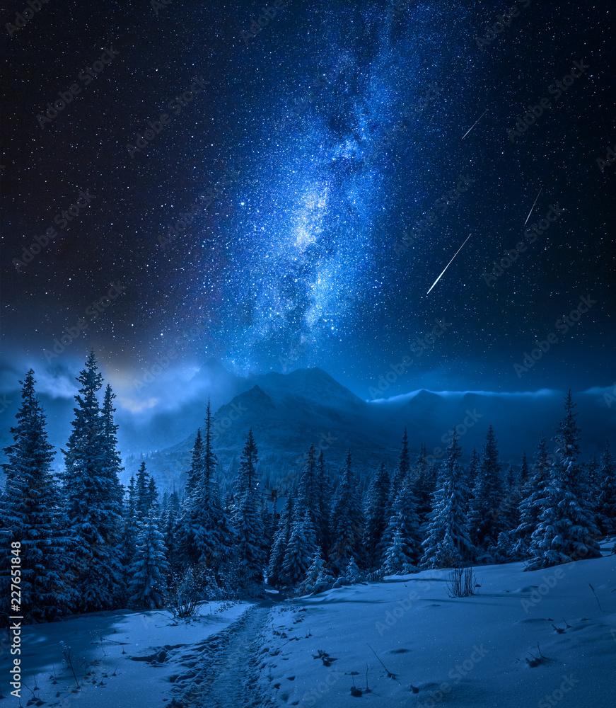 Obraz premium Góry Tatry zimą w nocy i spadające gwiazdy, Polska