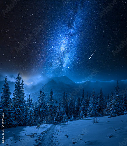 Tatras Mountains in winter at night and falling stars, Poland