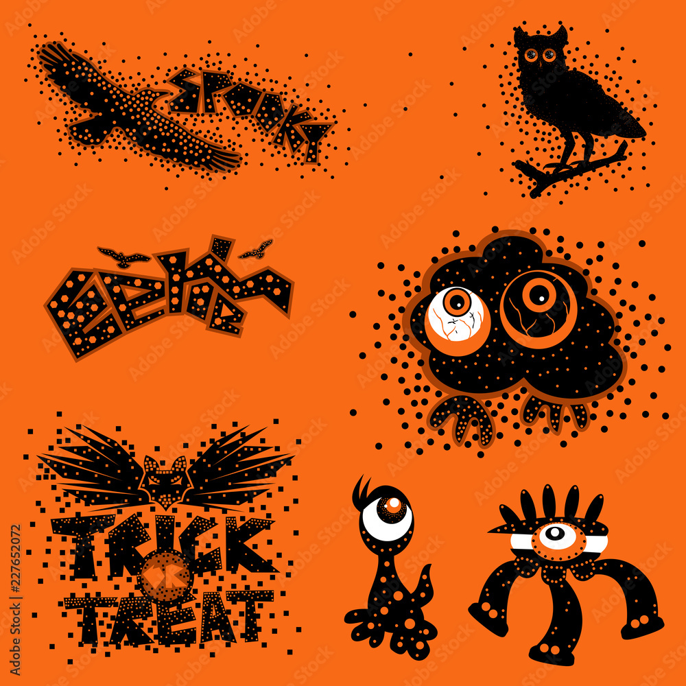 Spooky Halloween design elements in orange and black on an eerie dotted background