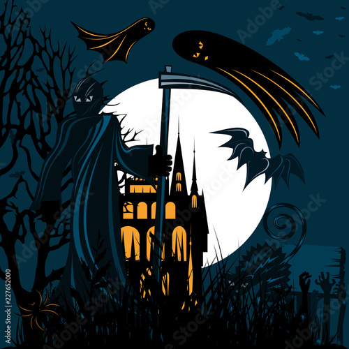 Grim reaper holding sickle in one hand at night on a blue moon day near a haunted lone house with flying bats and ghosts in the background with a cat and freaky zombie hands at the foreground