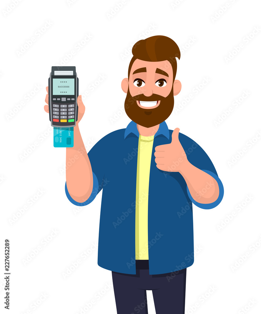 Happy man showing / holding credit / debit card inserted POS terminal payment card swipe machine and gesturing thumbs up sign. Payment, purchase, sale concept illustration in vector cartoon style.