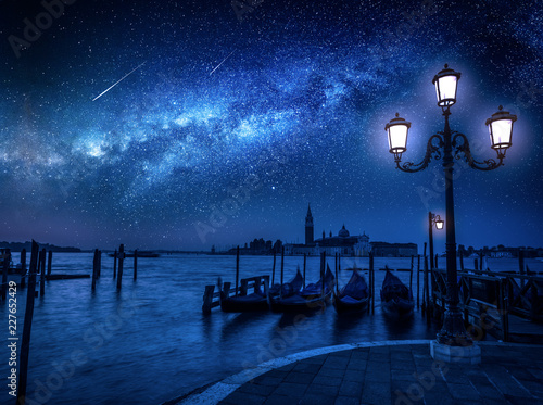 Milky way and falling stars over Grand Canal in Venice