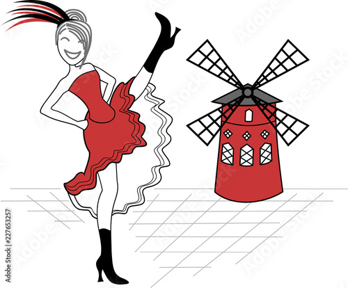 A woman dances the French Cancan in the streets of Montmartre in Paris
