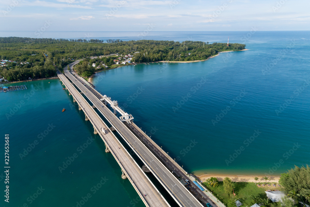 Aerial drone shot of bridge with cars on bridge road image transportation background concept