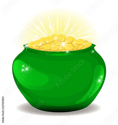 Money in a pot, the glitter of gold coins . A lot of coins in the container. Finance and business. isolated, white, vector