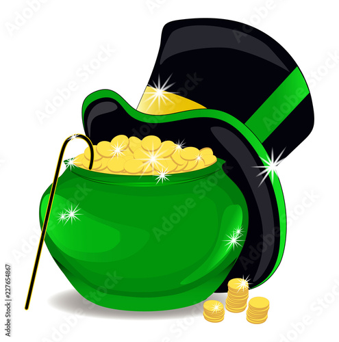 A pot of money, the hat, the cane of banker . Coins. Finance and business . Isolated, white. Vector