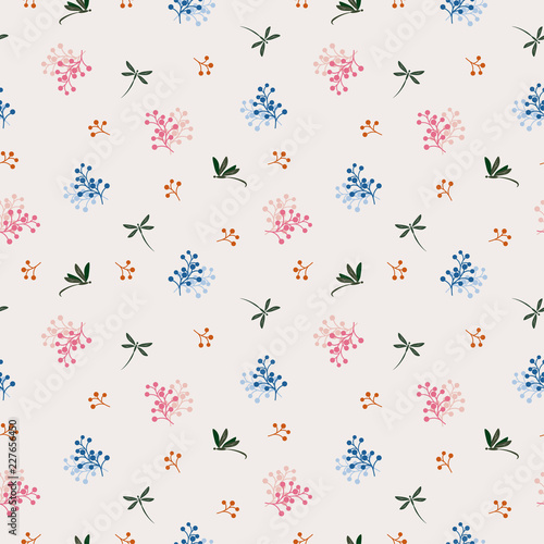 Wild flower with dragonfly seamless pattern on blue and pink mood