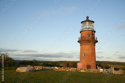 Brick Lighthouse Surrounded by Stone Wall on Martha s Vineyard Island in Massachusetts
