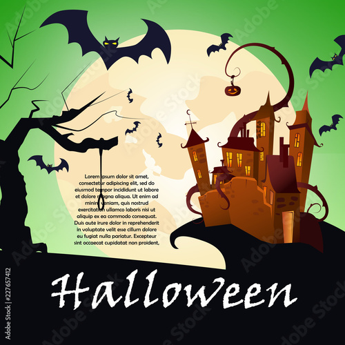 Halloween banner design with castle on hill. Creative lettering with brown castle, pumpkin, bats, trees and full moon. Can be used for banners, posters, postcards. 