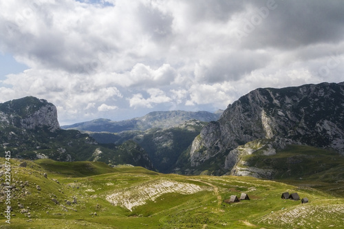 Beautiful landscape in Montenegro with fresh grass and beautiful peaks. Durmitor National Park in Montenegro part of Dinaric Alps. 