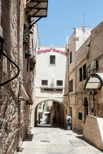Silent streets in the old city of Jerusalem, Israel. The  Via Delorosa Street. photo
