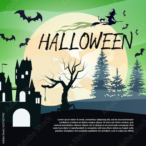Halloween banner with dark forest. Creative lettering with dark castle, witch on broom, bat, forest and full white moon. Can be used for banners, posters, postcards. 