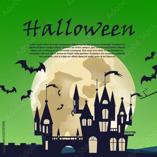 Halloween invitation design with gothic castle. Calligraphy with gothic dark castle, bats and full moon. Can be used for invitations, banners and posters. 