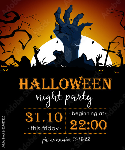 Halloween invitation for night party with zombie hand. Party details with huge zombie hand, graves and full moon. Can be used for invitations and postcards. 