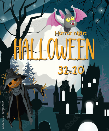 Halloween invitation to horror night banner design. Calligraphy with straw man with pumpkin head, bat, cemetery, gothic castle and full moon. Can be used for invitations,posters,leaflets.