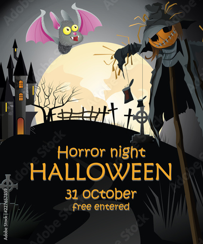 Halloween banner design to horror night with straw man. Creative invitation to horror night with straw man, bat, cemetery, castle and full moon. Can be used for invitations and postcards.