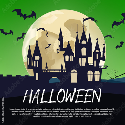 Halloween calligraphic poster design. Halloween calligraphic lettering with gothic black castle, bats and full moon on green background. Can be used for invitations, posters,banners