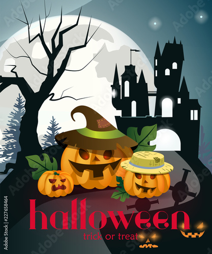 Halloween trick or treat poster design with cartoon pumpkins. Creative lettering with orange pumpkins, gothic castle, black tree and full moon. Can be used for banners, posters. 