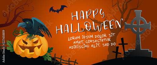 Happy Halloween horizontal poster with  raven and pumpkin. Creative lettering with raven, pumpkin, grave, bat and tree on red background. Can be used for banners,postcards,leaflets. 