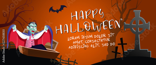Happy Halloween horizontal poster with Dracula vampire. Creative lettering with vampire, pumpkins, grave, bat and tree on red background. Can be used for banners,postcards,leaflets. 