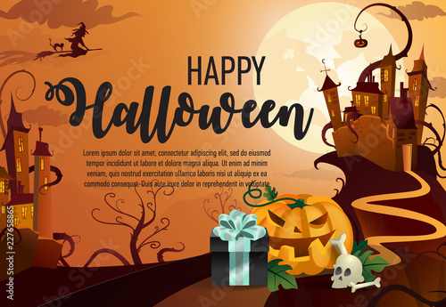 Happy Halloween poster design with  scary attributes. Calligraphy with cartoon pumpkin, skull, graves, castle and full moon. Can be used for banners, posters, invitations. 