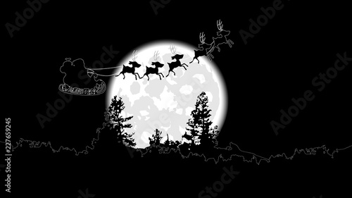 the Santa Claus on a broomstick flies against a full moon