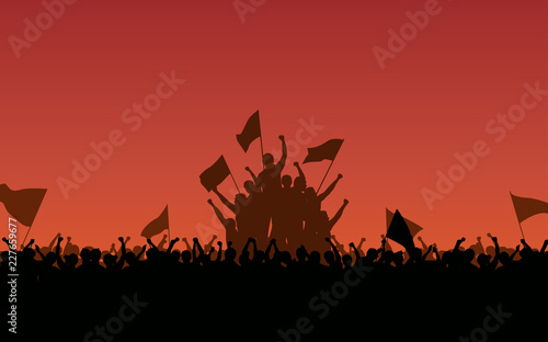Silhouette group of people Raised Fist and flags Protest in flat icon design with red color evening sky background photo
