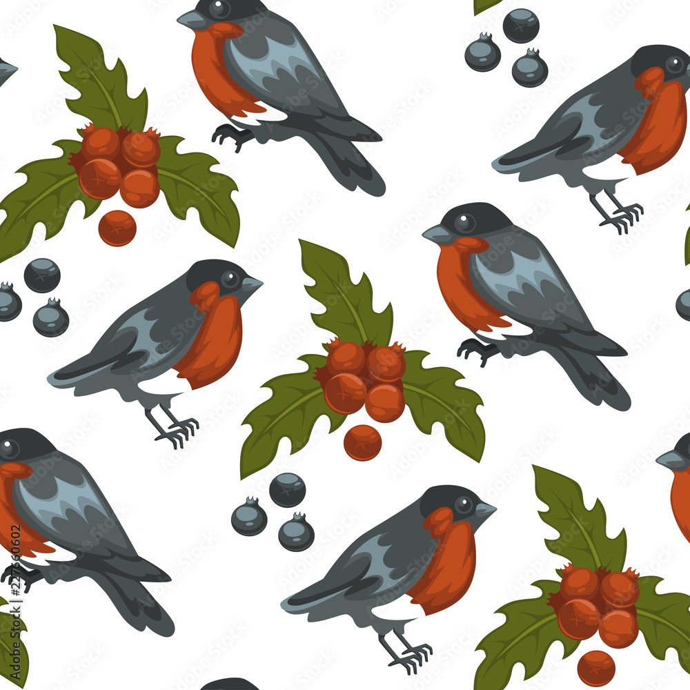 Merry Christmas bullfinch bird and mistletoe symbol seamless pattern Merry Christmas bullfinch bird and mistletoe symbol seamless pattern