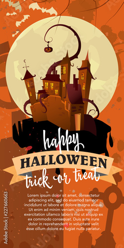 Happy Halloween trick or treat vertical poster with cartoon castle. Calligraphy with brown castle, full moon on orange background. Can be used for leaflets, posters.