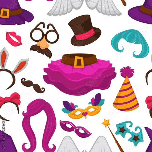 Carnival hat and accessories, wig and skirt seamless pattern