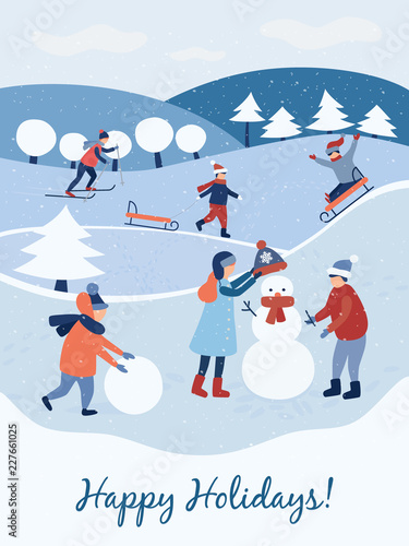 Happy holidays. Christmas card. Children make a snowman. Winter and kids. Vector illustration in cartoon and flat style.