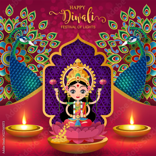 Happy Diwali festival card with gold diya patterned and crystals on paper color Background.