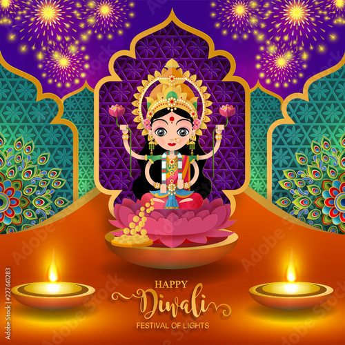 Happy Diwali festival card with gold diya patterned and crystals on paper color Background.