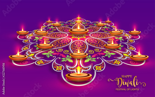 Happy Diwali festival card with gold diya patterned and crystals on paper color Background.
