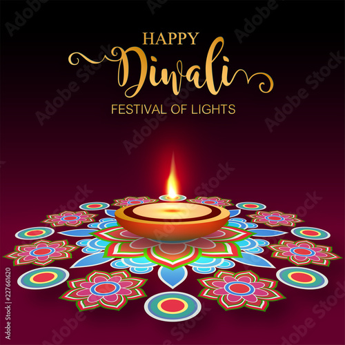 Happy Diwali festival card with gold diya patterned and crystals on paper color Background.