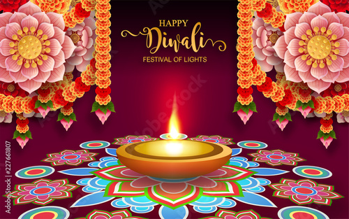 Happy Diwali festival card with gold diya patterned and crystals on paper color Background.