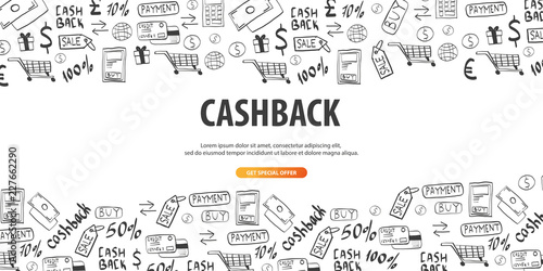 Cashback service. Save your money. Hand Draw doodle background.