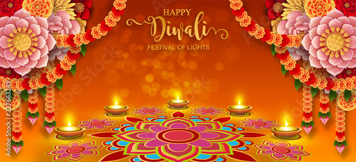 Happy Diwali festival card with gold diya patterned and crystals on paper color Background.