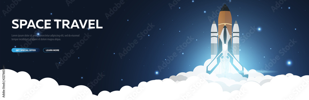 Space Travel. Space Shuttle. Astronomical galaxy space background. Vector Illustration.