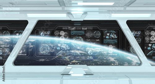 Fototapeta Naklejka Na Ścianę i Meble -  White spaceship interior with control panel digital screens 3D rendering